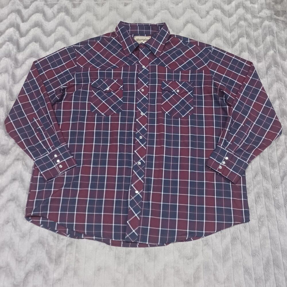 Wrangler Mens Size 2XL Red Blue Plaid Long Sleeve Pearl Snap Button Up Shirt